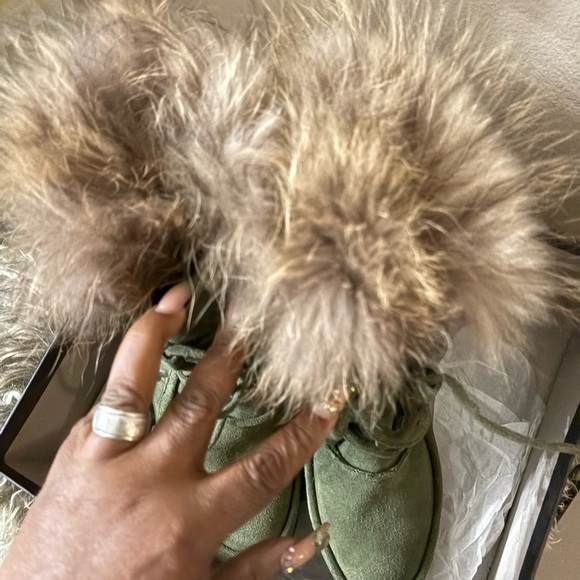 Barneys New York Olive Suede Fur-Lined Wedge Boots - Picture 3 of 7